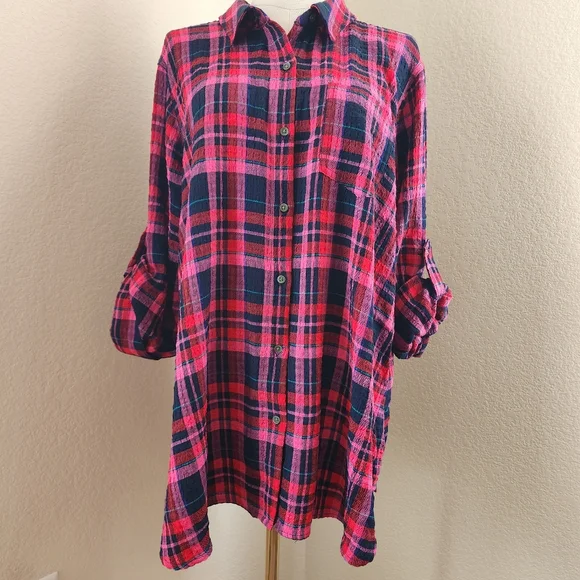 Intro 3/4 rolled sleeve plaid button-up collared over-shirt, sz XL - Picture 2 of 12